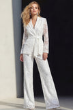 Floral White Peak Lapel Long Sleeves 2 Piece Business Suits with Belt
