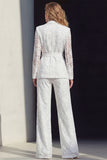 Floral White Peak Lapel Long Sleeves 2 Piece Business Suits with Belt