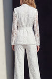 Floral White Peak Lapel Long Sleeves 2 Piece Business Suits with Belt