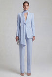 Blue Peak Lapel Long Sleeves 2 Piece Business Suits with Neck Scarf