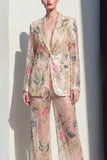 Champagne Floral Peak Lapel Long Sleeves 2 Piece Business Suits