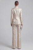 Floral Jacquard Peak Lapel Long Sleeves Champagne Pink 2 Piece Business Suits
