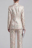 Floral Jacquard Peak Lapel Long Sleeves Champagne Pink 2 Piece Business Suits