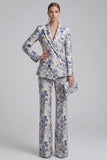 Floral Jacquard Peak Lapel Long Sleeves Champagne Pink 2 Piece Business Suits