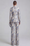 Floral Jacquard Peak Lapel Long Sleeves Champagne Pink 2 Piece Business Suits