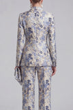 Floral Jacquard Peak Lapel Long Sleeves Champagne Pink 2 Piece Business Suits
