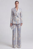 Floral Jacquard Peak Lapel Long Sleeves Champagne Pink 2 Piece Business Suits