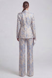 Floral Jacquard Peak Lapel Long Sleeves Champagne Pink 2 Piece Business Suits