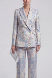 Floral Jacquard Peak Lapel Long Sleeves Champagne Pink 2 Piece Business Suits