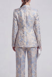 Floral Jacquard Peak Lapel Long Sleeves Champagne Pink 2 Piece Business Suits