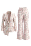 Floral Jacquard Peak Lapel Long Sleeves Champagne Pink 2 Piece Business Suits