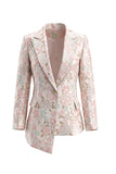 Floral Jacquard Peak Lapel Long Sleeves Champagne Pink 2 Piece Business Suits