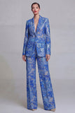 Floral Peak Lapel Dark Blue Appliqued 2 Piece Business Suits