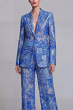 Floral Peak Lapel Dark Blue Appliqued 2 Piece Business Suits