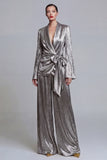 2 Piece Shawl Lapel Grey Ruched Business Suits with Bow