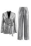 2 Piece Shawl Lapel Grey Ruched Business Suits with Bow