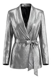 2 Piece Shawl Lapel Grey Ruched Business Suits with Bow