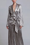 2 Piece Shawl Lapel Grey Ruched Business Suits with Bow