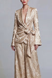 2 Piece Shawl Lapel Champagne Jacquard Floral Business Suits