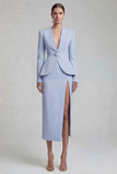 Green Single Breasted Sheath Long Sleeves 2 Piece Blazer Dress with Slit