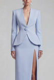 Green Single Breasted Sheath Long Sleeves 2 Piece Blazer Dress with Slit