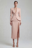Green Single Breasted Sheath Long Sleeves 2 Piece Blazer Dress with Slit