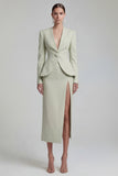 Green Single Breasted Sheath Long Sleeves 2 Piece Blazer Dress with Slit
