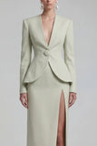Green Single Breasted Sheath Long Sleeves 2 Piece Blazer Dress with Slit