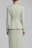 Green Single Breasted Sheath Long Sleeves 2 Piece Blazer Dress with Slit