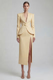Green Single Breasted Sheath Long Sleeves 2 Piece Blazer Dress with Slit