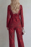 Red 2 Piece Peak Lapel Floral Long Sleeves Business Suits