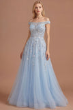 Blue Floral A Line Off the Shoulder Appliqued Long Prom Dress