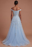 Sparkly Beaded Blue Off the Shoulder A Line Long Prom Dress