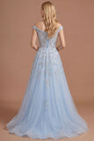 Blue Floral A Line Off the Shoulder Appliqued Long Prom Dress