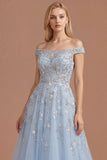 Blue Floral A Line Off the Shoulder Appliqued Long Prom Dress