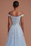 Sparkly Beaded Blue Off the Shoulder A Line Long Prom Dress