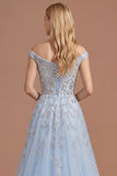 Blue Floral A Line Off the Shoulder Appliqued Long Prom Dress