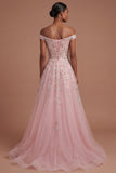 Sparkly Beaded Blue Off the Shoulder A Line Long Prom Dress