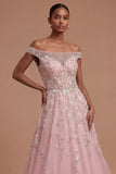 Sparkly Beaded Blue Off the Shoulder A Line Long Prom Dress