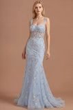 Corset Blue Floral Mermaid Thick Straps Appliqued Long Prom Dress