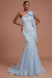Floral Mermaid Sparkly Beaded One Shoulder Blush Long Prom Dress