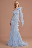 Blue Floral Mermaid One Shoulder Beaded Appliqued Long Prom Dress