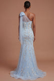 Floral Mermaid Sparkly Beaded One Shoulder Blush Long Prom Dress