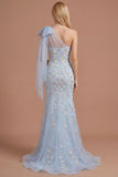Blue Floral Mermaid One Shoulder Beaded Appliqued Long Prom Dress