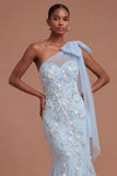 Floral Mermaid Sparkly Beaded One Shoulder Blush Long Prom Dress