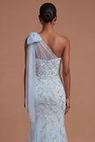 Floral Mermaid Sparkly Beaded One Shoulder Blush Long Prom Dress