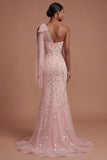 Floral Mermaid Sparkly Beaded One Shoulder Blush Long Prom Dress