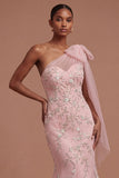 Floral Mermaid Sparkly Beaded One Shoulder Blush Long Prom Dress
