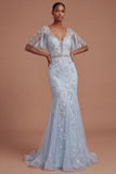 Short Sleeves Blush Sparkly Beaded Floral Long Prom Dress