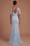 Short Sleeves Blush Sparkly Beaded Floral Long Prom Dress